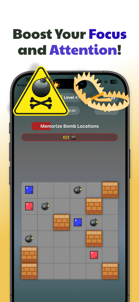Mind Master: Brain Tests - Una pantalla de juego de entrenamiento cerebral de la aplicación Mind Master que muestra un desafío de memoria donde los jugadores localizan bombas en una cuadrícula para mejorar el enfoque y la atención.
