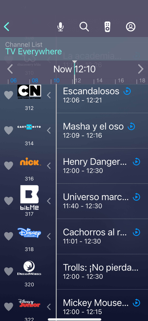 izzi go - Interface de l'application izzi go affichant une liste de chaînes de télévision et leur grille de programmation