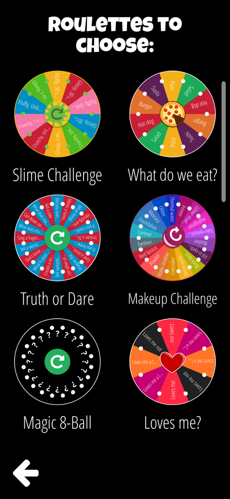 Decision Roulette: you choose! - Slime Challenge、Food、Truth or Dare、Makeupのテーマ別スピニングホイールがいくつか表示されたインターフェース。