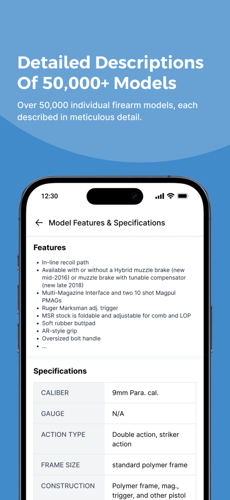 A screenshot from the Blue Book of Gun Values app displaying detailed features and technical specifications for a firearm model including caliber and action type.
