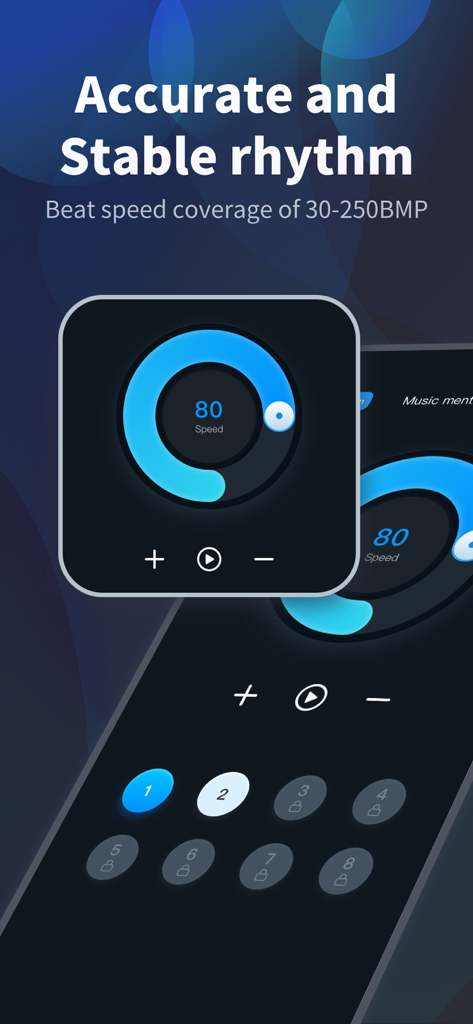 OnBeats metronome app interface featuring a circular speed dial and rhythm settings