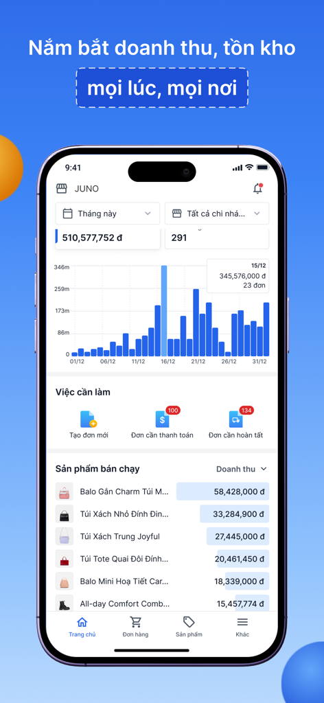 Haravan - A smartphone screen displaying the Haravan app dashboard with monthly sales revenue charts and best-selling product lists