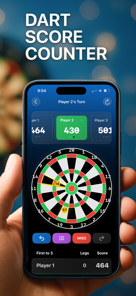 Darts Scorekeeper - Scoreboard - Smartphone showing the Darts Scorekeeper app with a visual dartboard and player scores