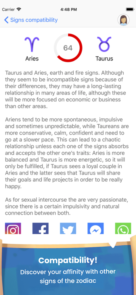 Daily Horoscope & Zodiac Signs - Mobile app screen showing zodiac compatibility between Aries and Taurus with a detailed relationship analysis and social sharing icons