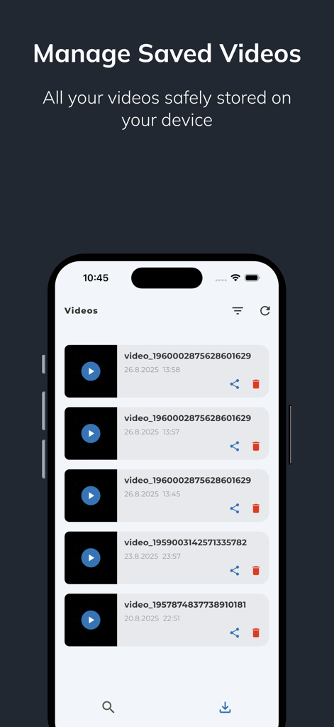 SaveX: X Bluesky Video Saver - Captura de tela do aplicativo SaveX mostrando uma lista de vídeos baixados do X e Bluesky com opções de gerenciamento