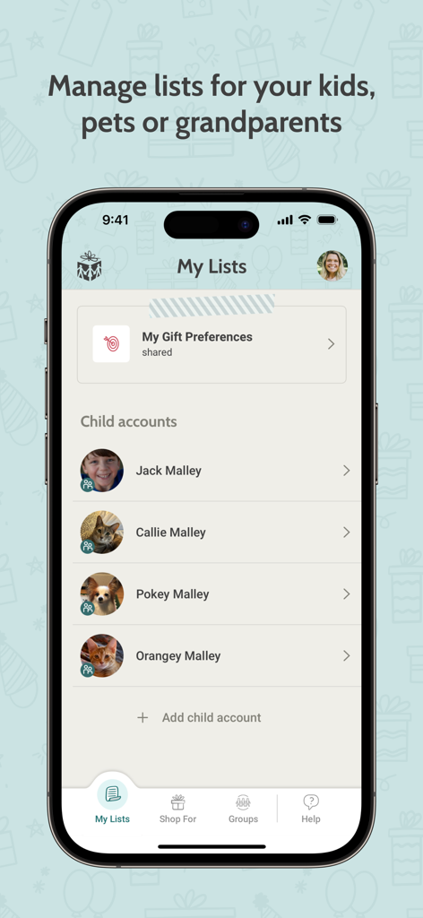 Interface of the Giftster app showing child and pet accounts for wish list management