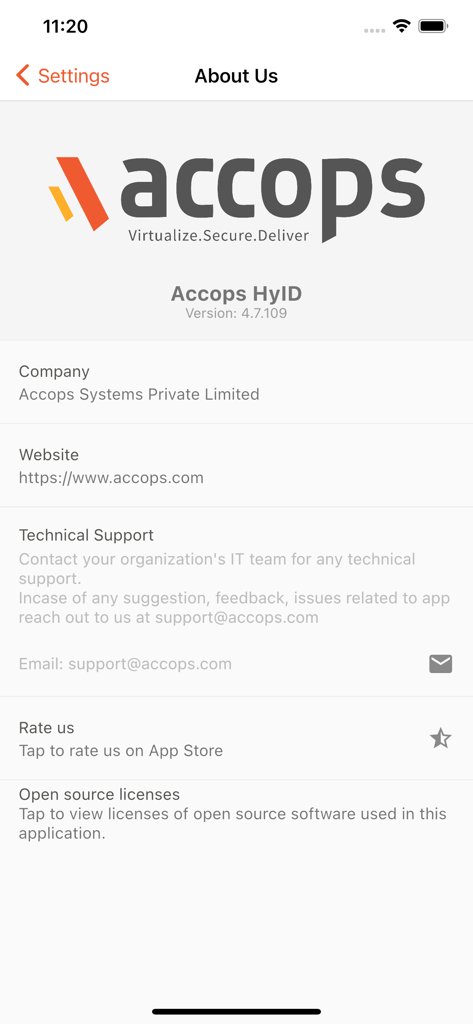 Accops HyID - Accops HyID About Us screen with app version and support information