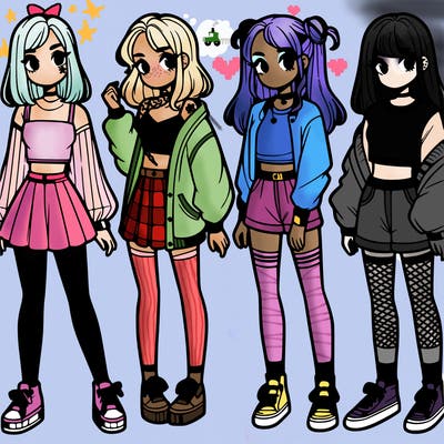 one girl with crop-top shirt and a jacket with a skirt, long socks and another girl with a shirt and pants with a jacket