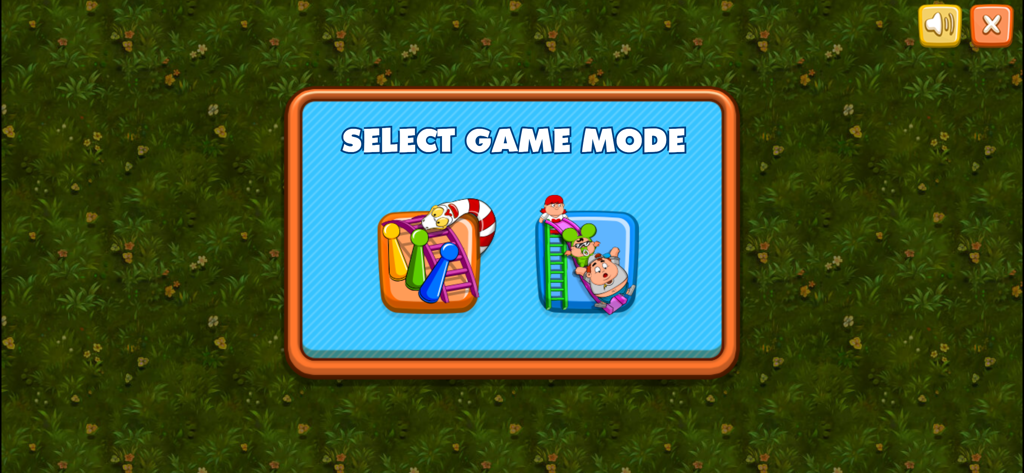 Pantalla de selección de modo de juego con opciones para serpientes y escaleras clásicas o una versión amigable para niños con toboganes y bebés.