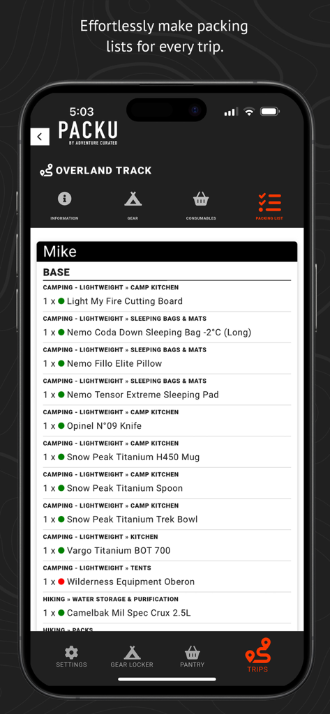 Mobile app interface displaying a detailed overland packing list with categorized camping and hiking gear items