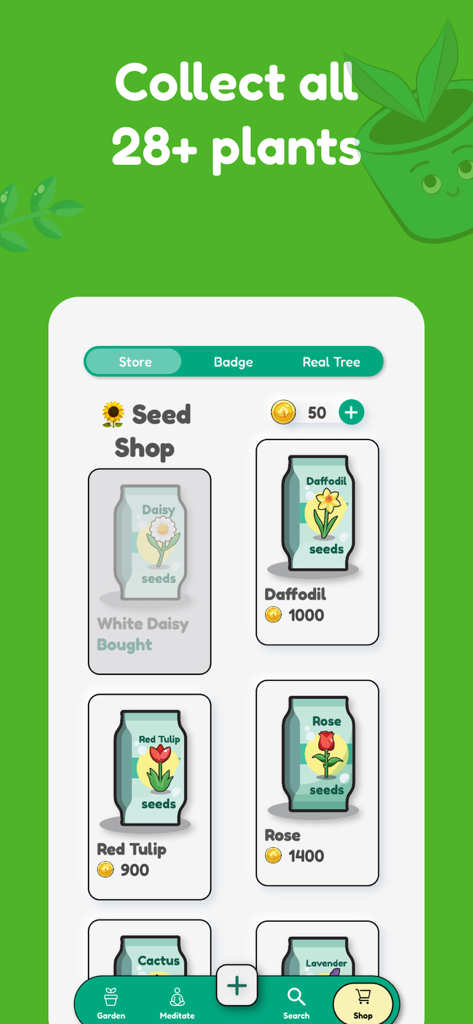 MindGarden app seed shop screen showing various flower seeds for purchase with earned coins