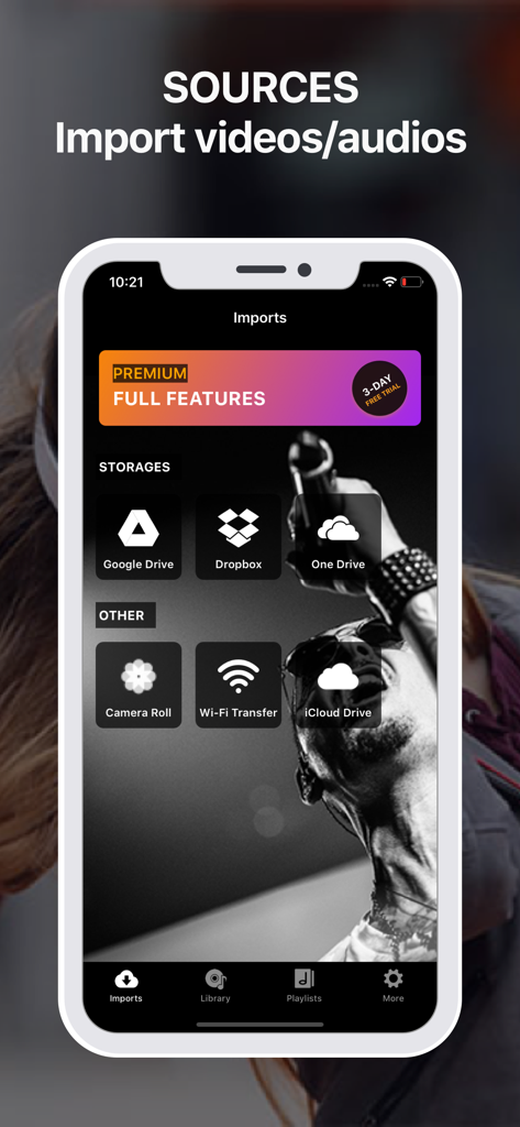 iMusic Video Player Offline - Import screen for iMusic Video Player showing cloud storage and Wi-Fi transfer options