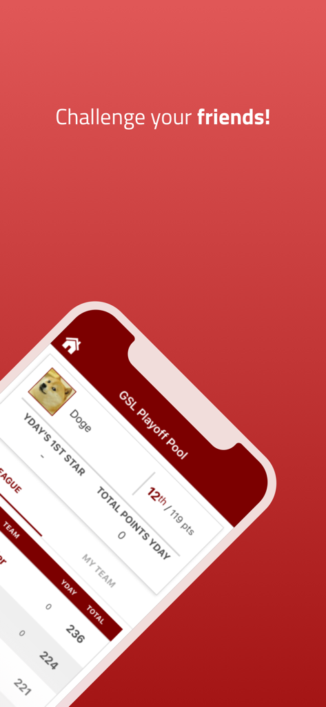 A mobile screen showing a hockey playoff pool ranking with the text Challenge your friends on a red background.