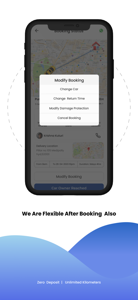 Long Drive Cars - Car Rental - Bildschirm der Langstreckenautos-App, der flexible Optionen zur Buchungsänderung wie Fahrzeugwechsel und Rückgabezeit anzeigt