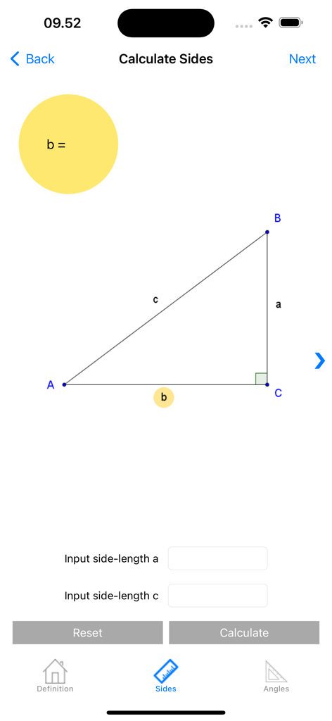 Mobile app interface of Trigonometry calc showing a right-angled triangle with input fields to calculate side lengths.
