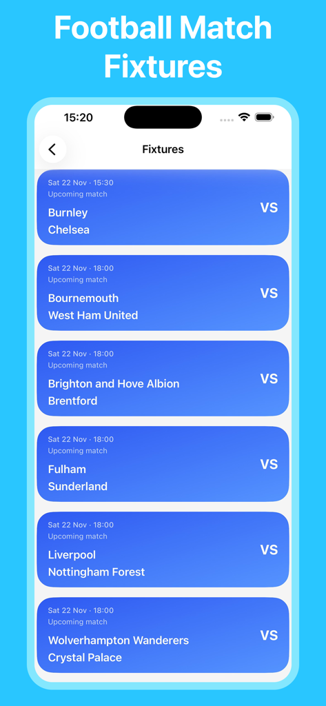 Footballify - Live Score808 - List of upcoming football match fixtures in the Footballify app.