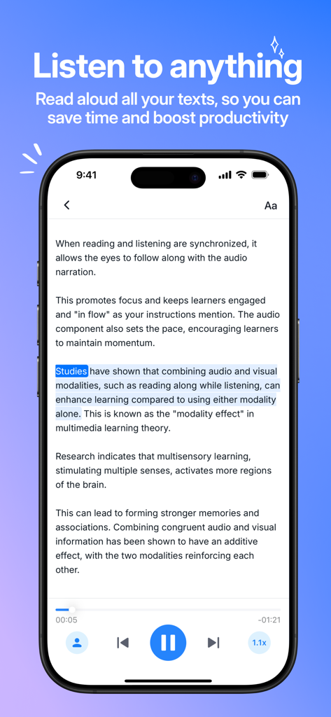 Smartphone screen showing Audeus app reading text aloud with synchronized word highlighting and audio playback controls
