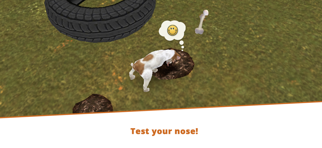 Un perro pequeño marrón y blanco olfateando un agujero en la hierba con una burbuja de pensamiento feliz