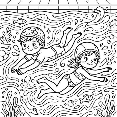 Get ready for a refreshing coloring adventure with this delightful page featuring two cheerful children practicing their breaststroke. Perfect for young swimmers and budding artists, this design brings the joy of the pool to life.
