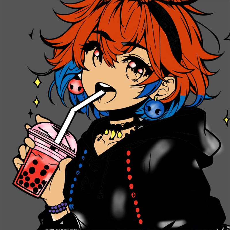 hot baddie anime girl drinking boba and biting the straw