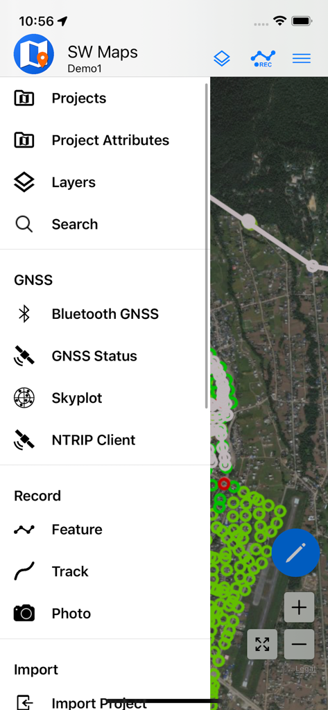 SW Maps - SW Maps mobile app menu showing GIS data collection and GNSS surveying options