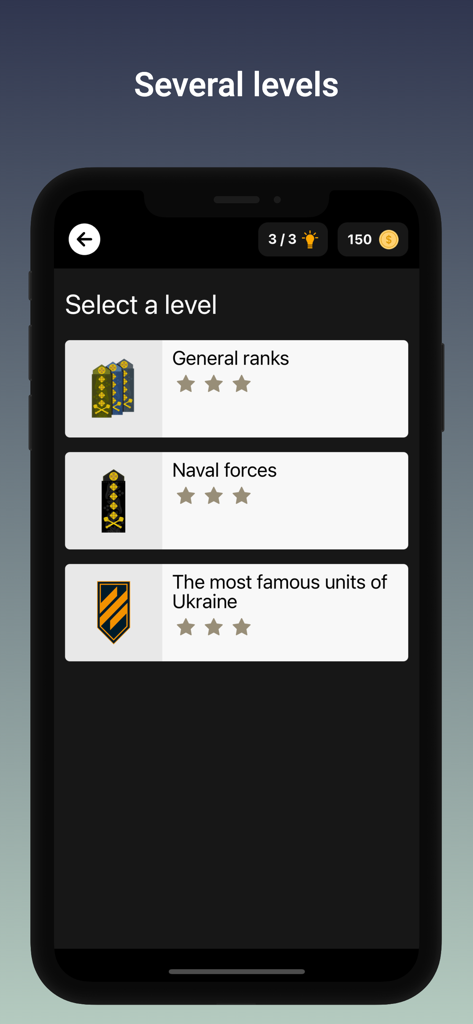 A mobile app screen showing several quiz levels for learning Ukraine military ranks, including General ranks, Naval forces, and famous units.