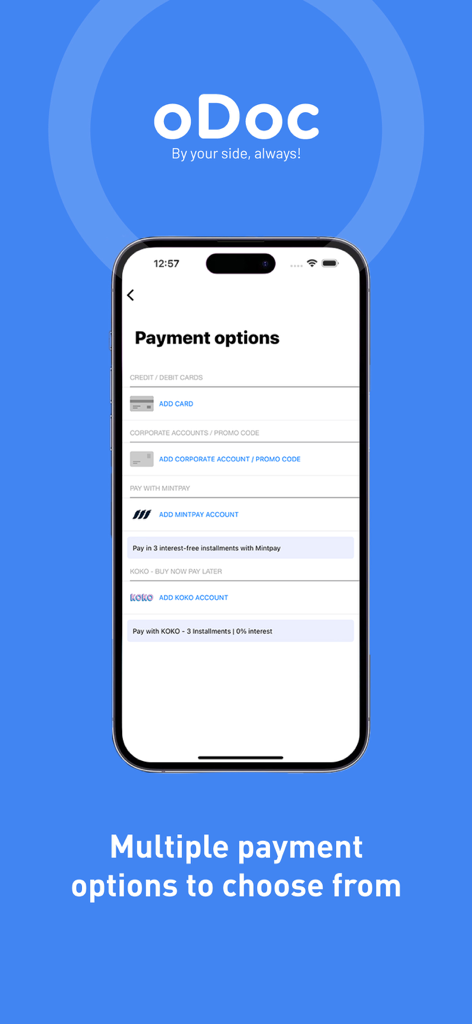 Interface of the oDoc app showing various payment methods including credit cards and interest-free installment options.