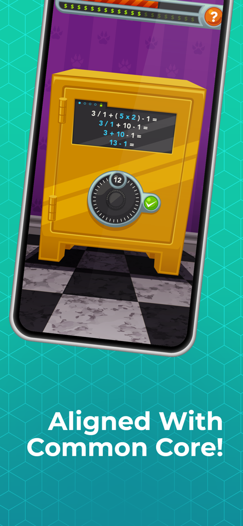 ABCya Games: Kids Learning App - Juego matemático educativo de ABCya que muestra una caja fuerte dorada con una ecuación y texto de alineación con Common Core