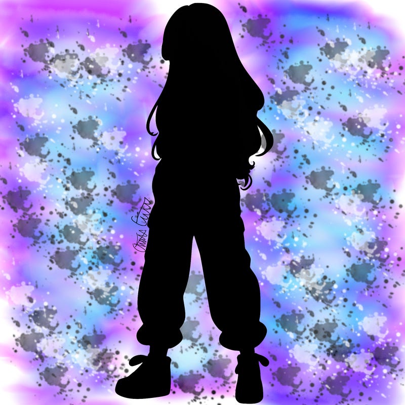 girl in baggy pants crop top and long hair