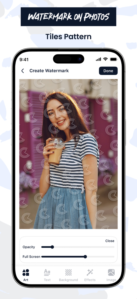 Add Watermark on Photos - Mobile interface of Add Watermark on Photos app showing a tiled logo pattern over a portrait with opacity and full screen adjustment sliders