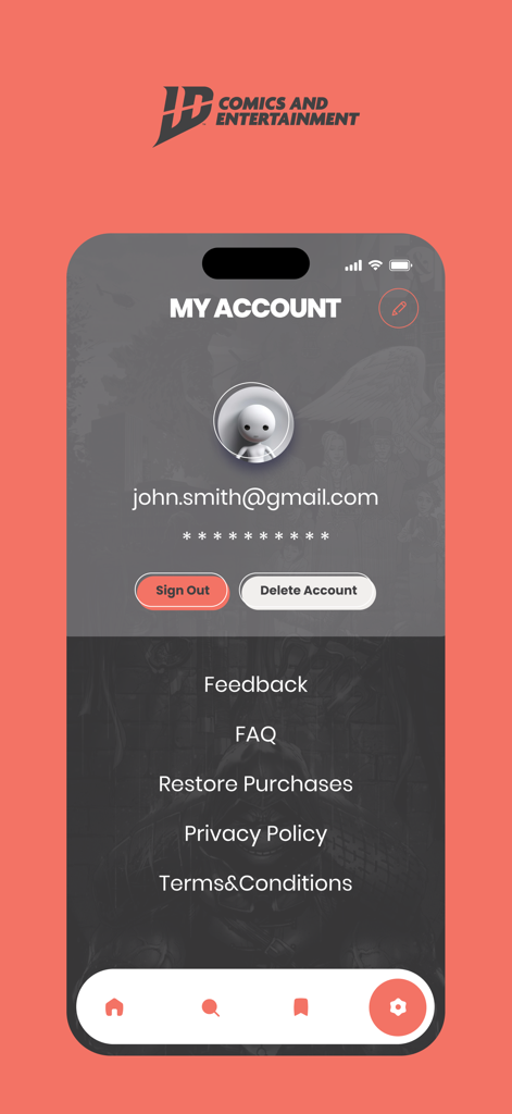 IDW Digital Comics Experience - User account and profile settings page in the IDW Digital Comics app