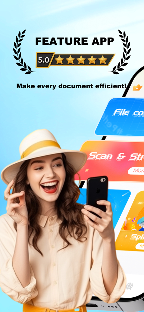 Universal PDF - Universal PDF app advertisement showing a five star rating and a woman scanning documents on her mobile phone