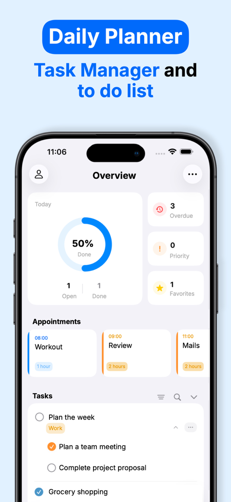 TaskMind: Task Manager - Overview dashboard of the TaskMind app featuring a progress tracker, daily appointments, and a task list on an iPhone.