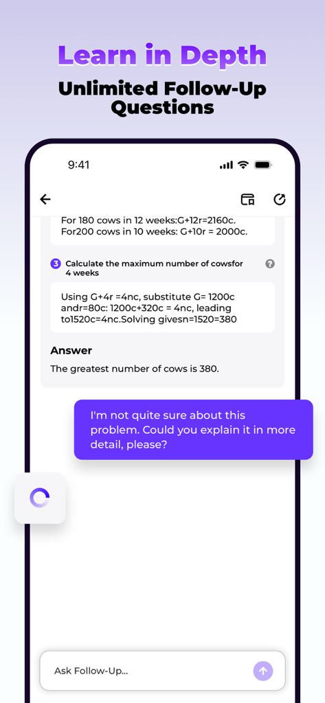 Mathos AI: Smart Solve - A mobile app screen demonstrating the Mathos AI follow-up question feature for interactive math problem solving.