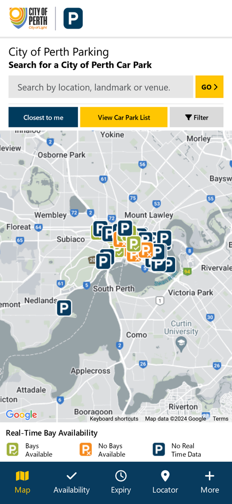 City of Perth Parking - City of Perth Parking app map interface showing real time bay availability