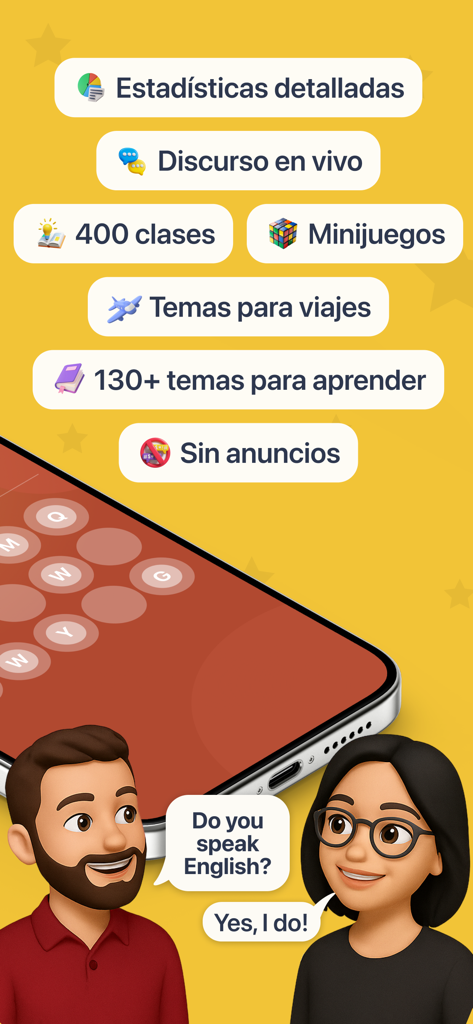 Interface of the Starlex English learning app highlighting lessons, mini-games, and conversation practice for Spanish speakers.