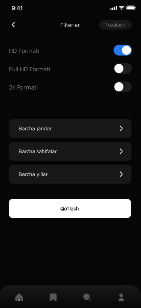Panda Tv - Filter screen in the Panda Tv app featuring video quality and genre categories.