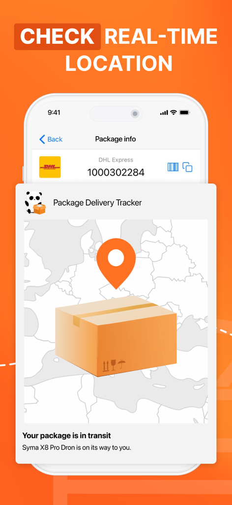 Screenshot of the Package Delivery Tracker app showing a parcel real time location on a map.