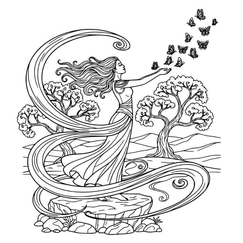 a woman standing in nature, letting butterflies fly out of her hands, symbolizing letting go of sadness, trees, and wind, moving around her calm, hopeful, energy, detailed coloring page line art