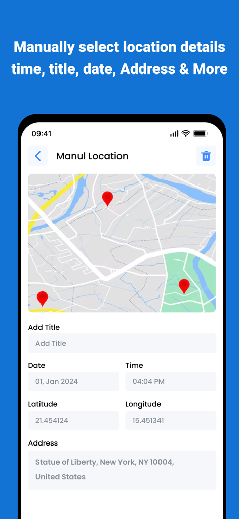 Una pantalla para ingresar manualmente detalles de ubicación, coordenadas y dirección en un mapa para geotagging