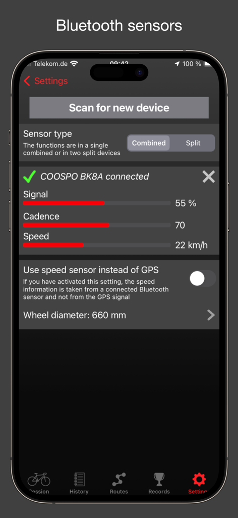 Fitmeter Bike - GPS Cycling - Fitmeter Bike app interface for connecting and managing external Bluetooth cycling sensors.