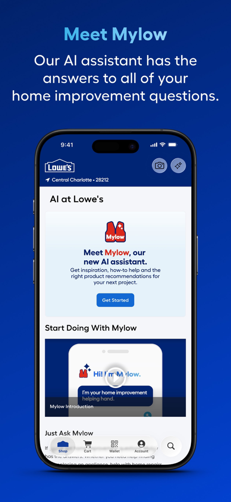 Lowe's Home Improvement - Schermata dell'app Lowe's che mostra Mylow, l'assistente AI per l'aiuto nel miglioramento domestico e i consigli sui prodotti
