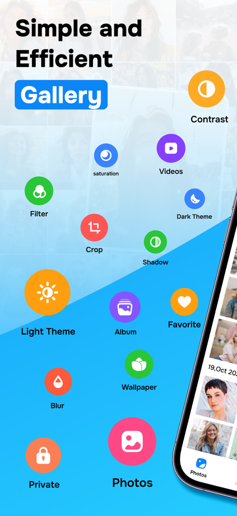 Gallery: Hide Photo Vault - Interfaz de la aplicación Galería Ocultar Bóveda mostrando iconos para carpetas privadas, herramientas de edición de fotos y funciones de organización