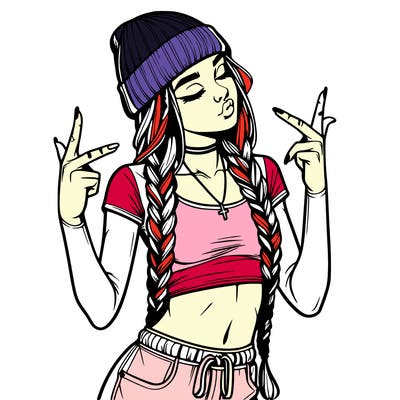 realistic teenage girl with braids and a beanie and crop top doing 🫶🏼