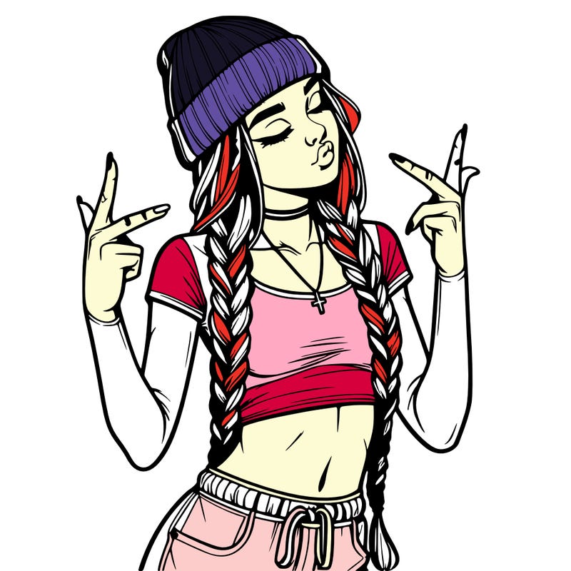 realistic teenage girl with braids and a beanie and crop top doing 🫶🏼