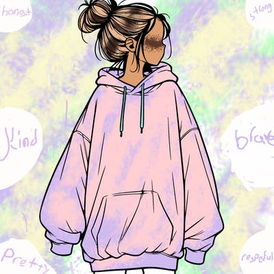 realistic girl with a oversized sweatshirt on and a bun