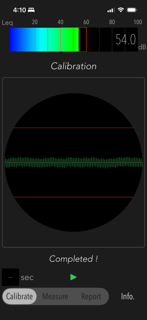 Low Frequency Detector - Low Frequency Detector calibration screen displaying a decibel meter and waveform signal