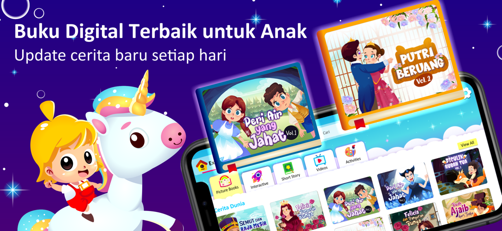 Riri Story Book - A child riding a unicorn in front of a selection of interactive digital storybooks for kids