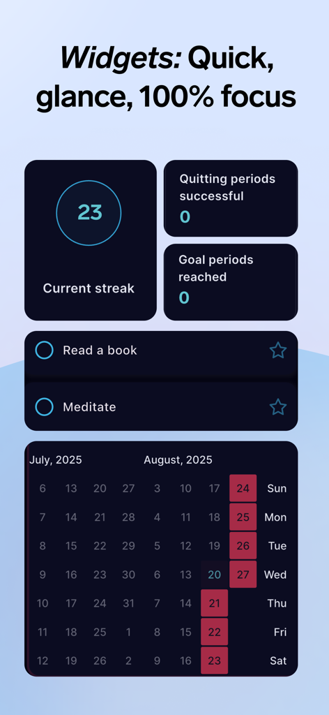 Focus ADHD app widgets displaying current streaks and habit tracking tasks