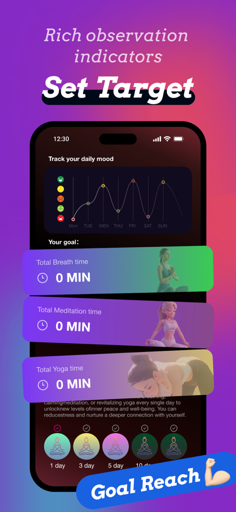Yokoo：Video Chat & Girls Share - Eine mobile Oberfläche, die Zielsetzung und Fortschrittsverfolgung für Yoga, Meditation und Stimmung innerhalb der Yokoo App zeigt.